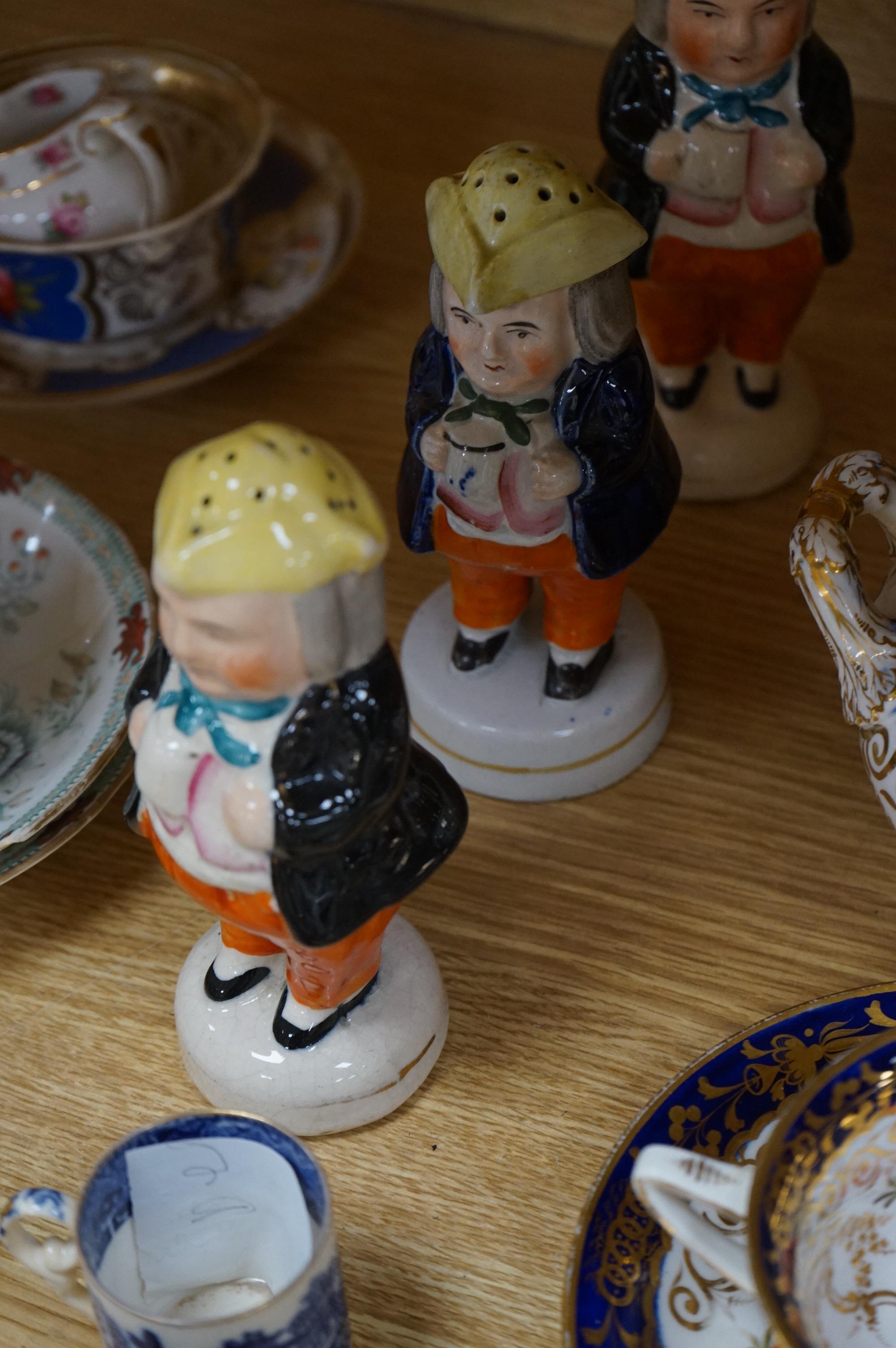 An English part teaset, c.1825 and six Royal Crown Derby coffee cans and saucers etc. Condition - some items cracked chipped and losses to gilding, teapot cover finial broken